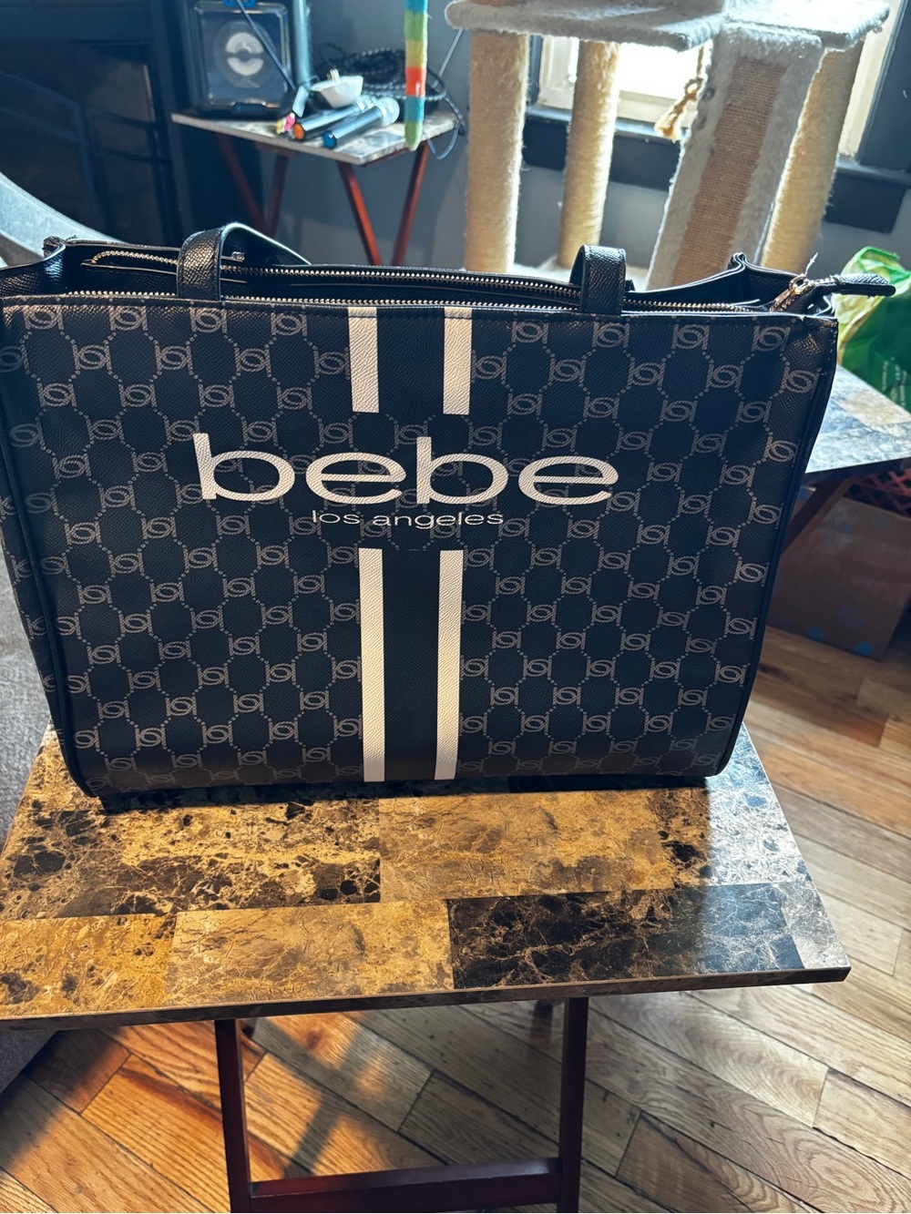 Bebe Los Angeles Black Monogram Stripe Structured Tote Bag